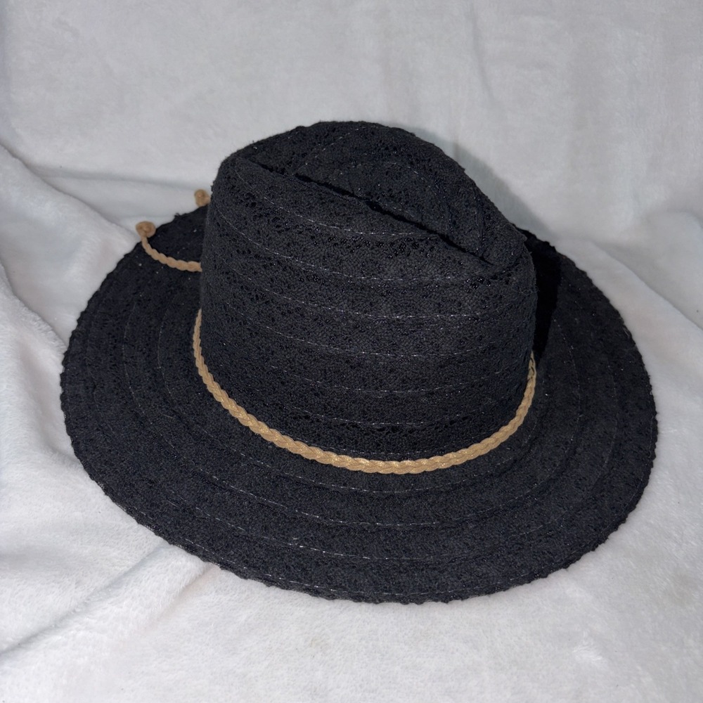 Jane And Berry Black Lace Fedora Sun Hat Boho Crochet Beach Braided Trim Coastal